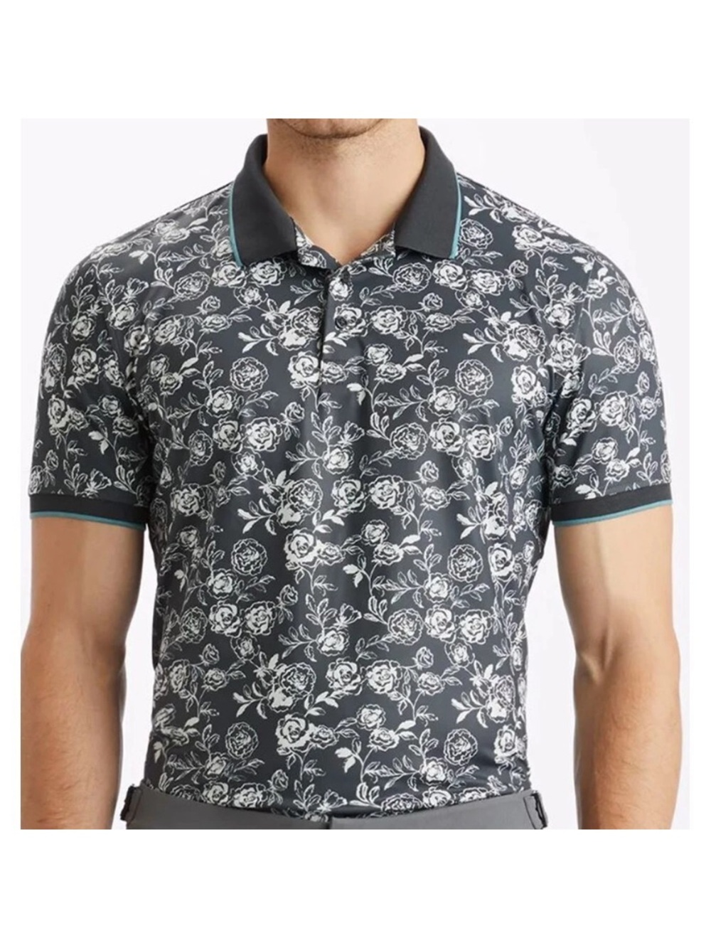 G/Fore Shirt Peony Men Large Sketch Tech Golf Polo Banded Sleeve  Lead Grey $120